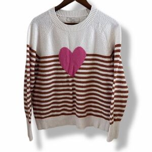LOFT Valentine Pink Heart Striped Soft Knit Sweater White Brown Pink Size Large